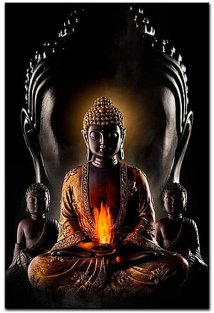 Meditation Buddha Statue with Sacred Flame and Golden Halo in Dark Setting HD phone wallpaper
