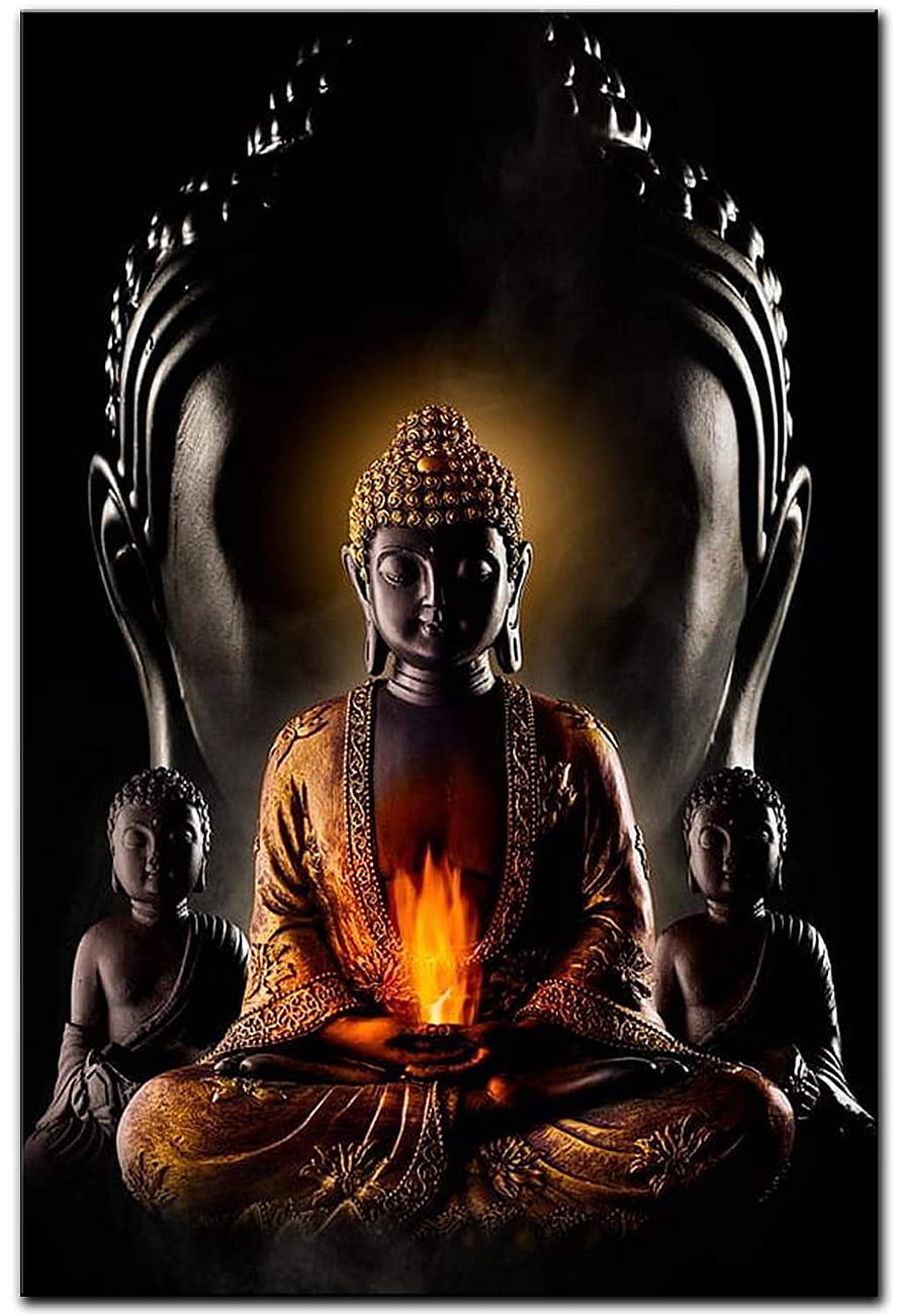 Meditation Buddha Statue with Sacred Flame and Golden Halo in Dark Setting HD phone wallpaper