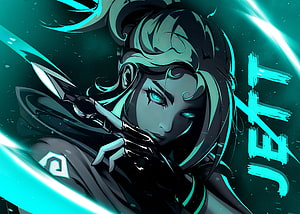 Jett Valorant Character Art with Glowing Cyan Energy and Dark Stylized Design HD wallpaper