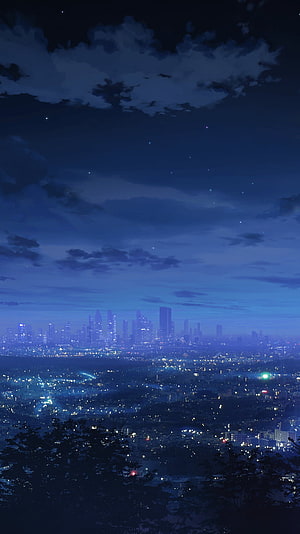 Serene Nighttime Cityscape with Distant Skyline and Starry Sky HD phone wallpaper
