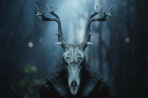 Wendigo Creature Portrait in Dark Misty Forest with Antlers HD wallpaper