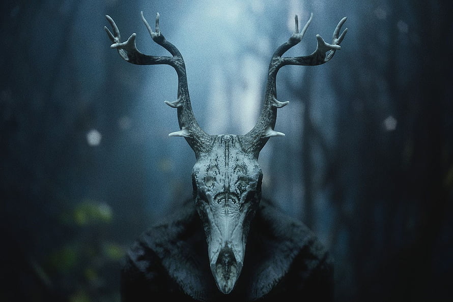 Wendigo Creature Portrait in Dark Misty Forest with Antlers HD wallpaper