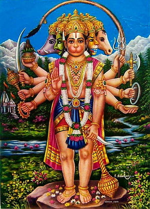 Panchmukhi Hanuman Five-Headed Hindu Deity Artwork with Weapons and Floral Garland, jay shree panchmukhi hanuman. Hanuman, Lord hanuman, Panchamukha Hanuman HD phone wallpaper