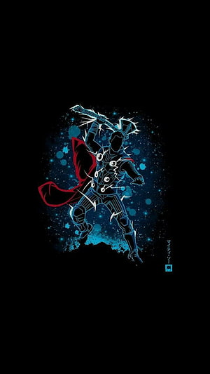 Thor Ragnarok Minimalist Line Art with Red Cape and Cosmic Blue Background HD phone wallpaper