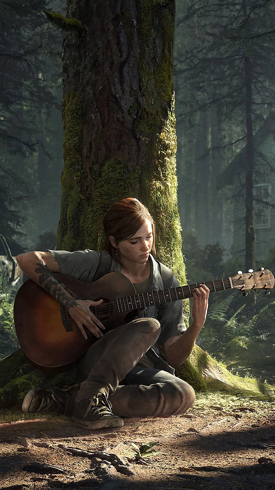 Ellie Playing Acoustic Guitar in a Misty Forest from The Last of Us HD phone wallpaper