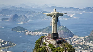 Christ the Redeemer Statue Overlooking Rio de Janeiro Bay and Sugarloaf Mountain HD wallpaper