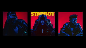 The Weeknd Starboy Album Cover Triptych with Red and Blue Neon Lighting HD wallpaper