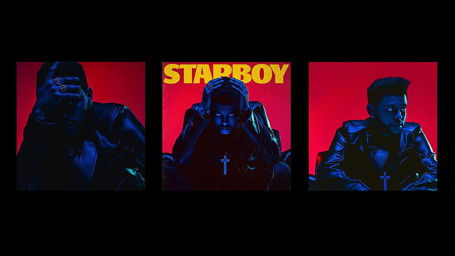 The Weeknd Starboy Album Cover Triptych with Red and Blue Neon Lighting HD wallpaper