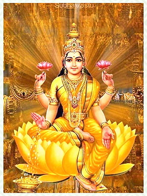 Goddess Lakshmi Seated on Golden Lotus with Pink Flowers and Radiant Divine Aura HD phone wallpaper