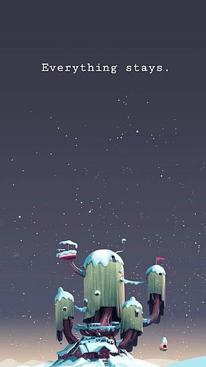 Snow-Covered Treehouse Under Starry Night Sky with Everything Stays Quote HD phone wallpaper