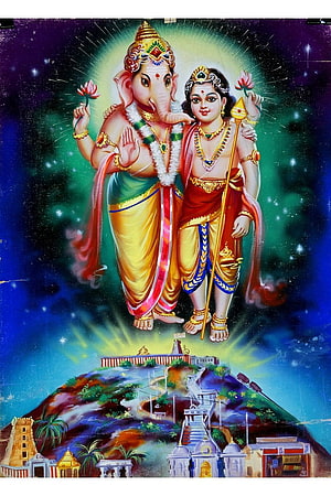 Ganesha and Murugan Divine Deities Floating Above Sacred Temple Landscape HD phone wallpaper
