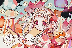 Yuminomiya Nene from Jibaku Shounen Hanako Kun in a whimsical pastel illustration with koi fish and stars HD wallpaper