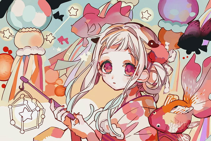 Yuminomiya Nene from Jibaku Shounen Hanako Kun in a whimsical pastel illustration with koi fish and stars HD wallpaper