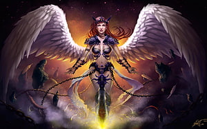 Fantasy Angel Woman With White Wings, Armor, and Chains in a Cosmic Nebula HD wallpaper