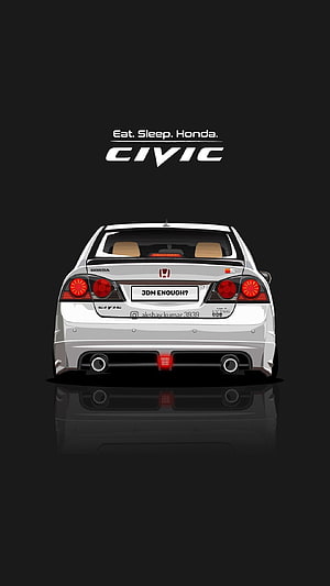 Rear View of a White Honda Civic Type R with JDM Style Illustration on Dark Background HD phone wallpaper