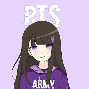 Anime Girl in Purple BTS Army Hoodie with Long Brown Hair and Starry Eyes HD phone wallpaper