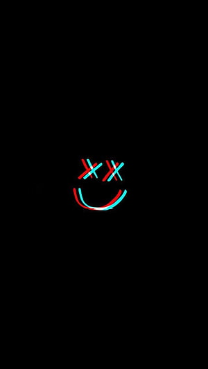 Minimalist Glitch Art Face with X Eyes and Cyan Red Chromatic Aberration on Black Background HD phone wallpaper
