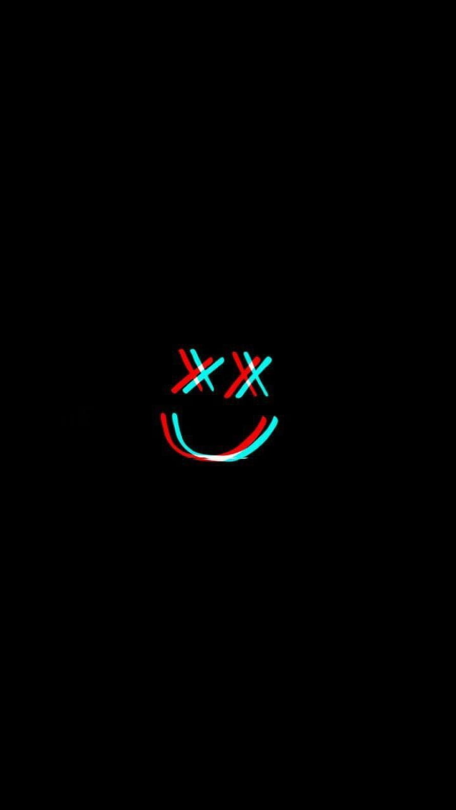 Minimalist Glitch Art Face with X Eyes and Cyan Red Chromatic Aberration on Black Background HD phone wallpaper