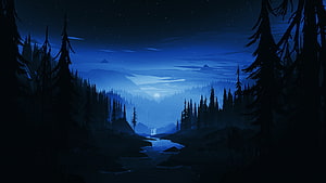 Serene Nighttime Forest Landscape with River and Moonlight HD wallpaper