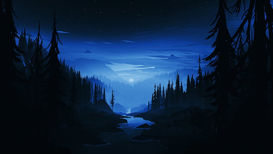 Serene Nighttime Forest Landscape with River and Moonlight HD wallpaper