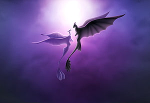 Toothless and Light Fury flying together in a dreamy purple sky HD wallpaper
