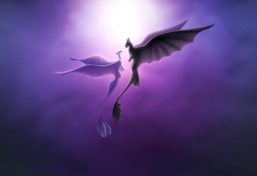 Toothless and Light Fury flying together in a dreamy purple sky HD wallpaper