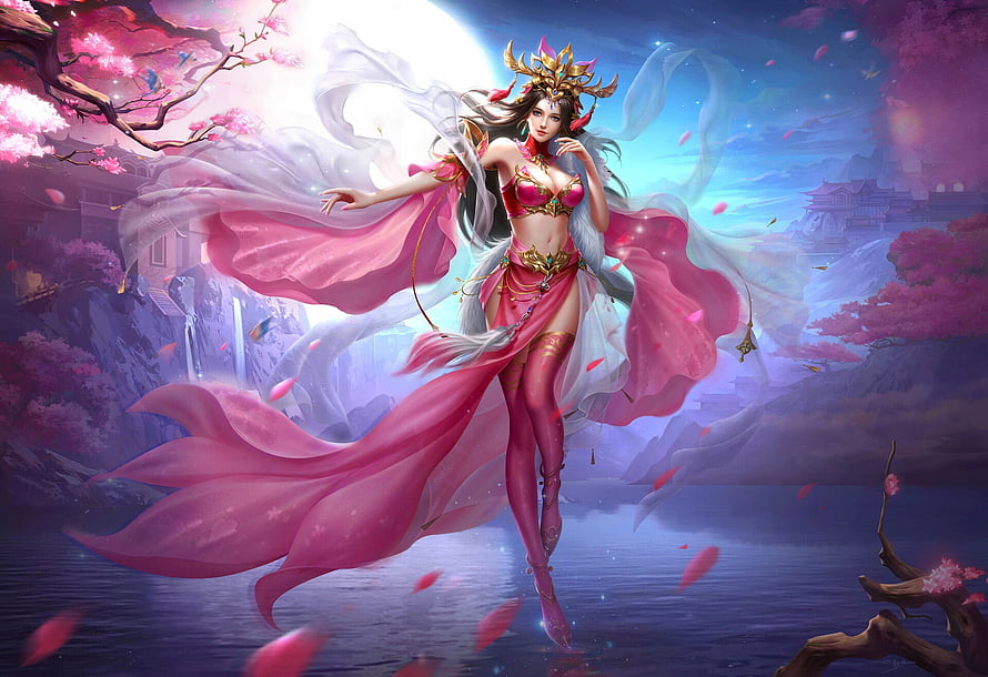 Elegant Fantasy Woman in Flowing Pink Attire Amidst Cherry Blossoms and Moonlight HD wallpaper