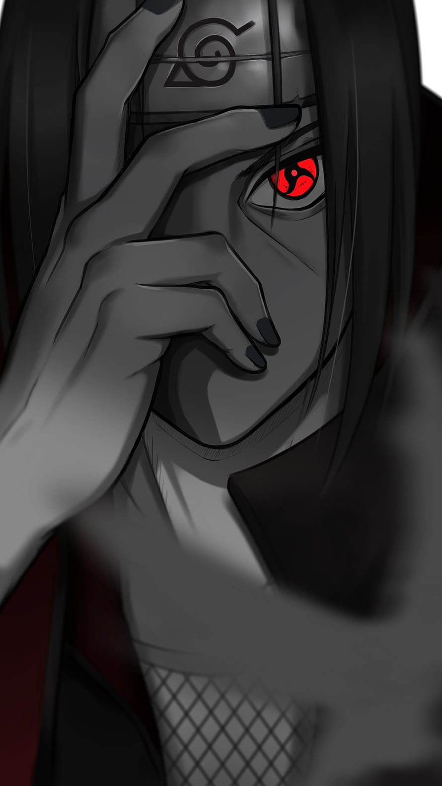 Itachi Uchiha Sharingan Close-Up in Dark Monochrome Anime Style HD phone wallpaper