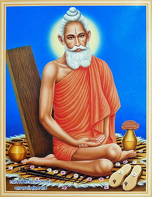 Lokenath Baba Hindu Saint Portrait in Orange Dhoti with Halo and Traditional Props HD phone wallpaper