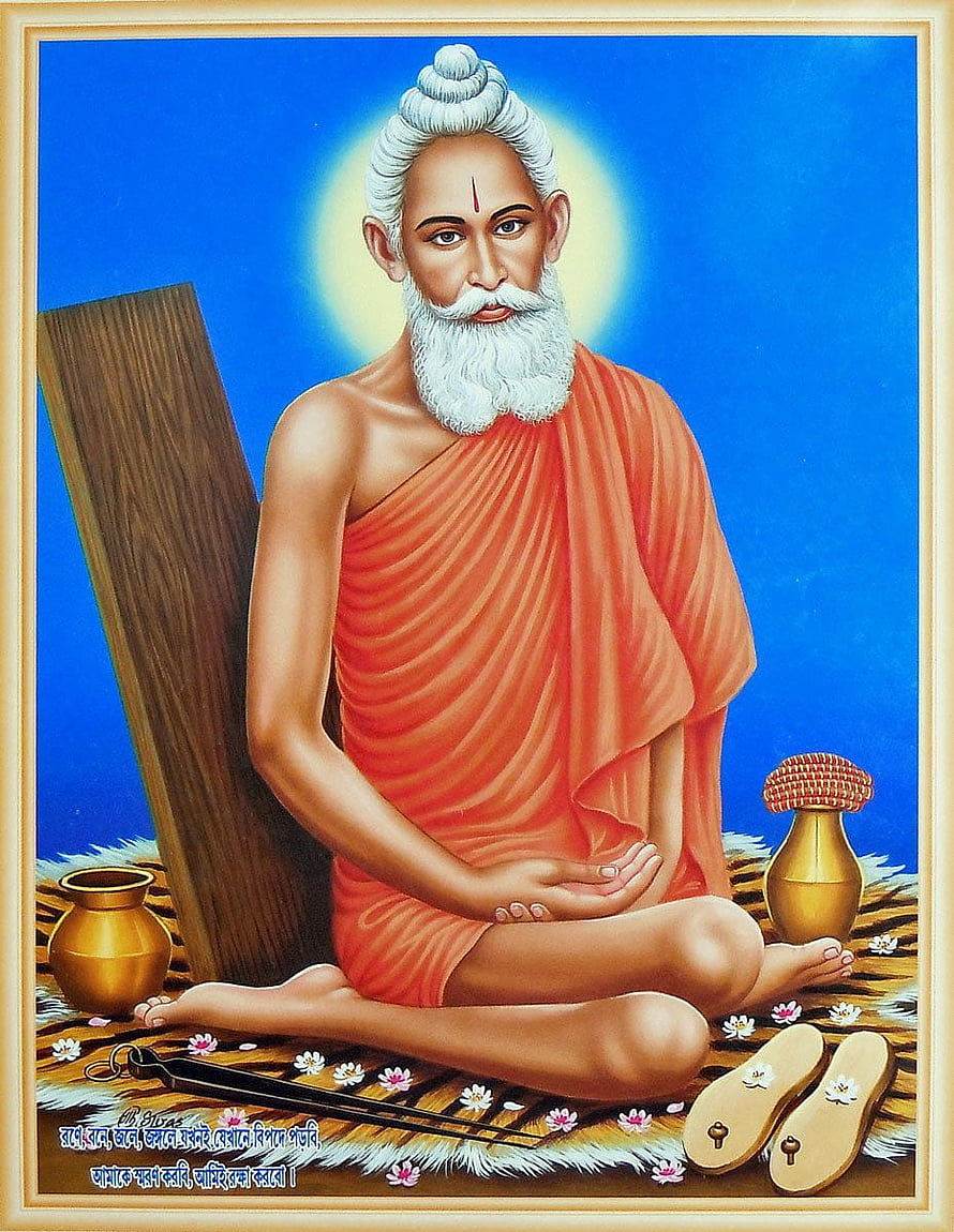 Lokenath Baba Hindu Saint Portrait in Orange Dhoti with Halo and Traditional Props HD phone wallpaper
