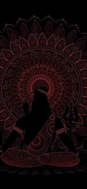 Lord Shiva Silhouette with Trishul and Mandala Halo on Black Background HD phone wallpaper