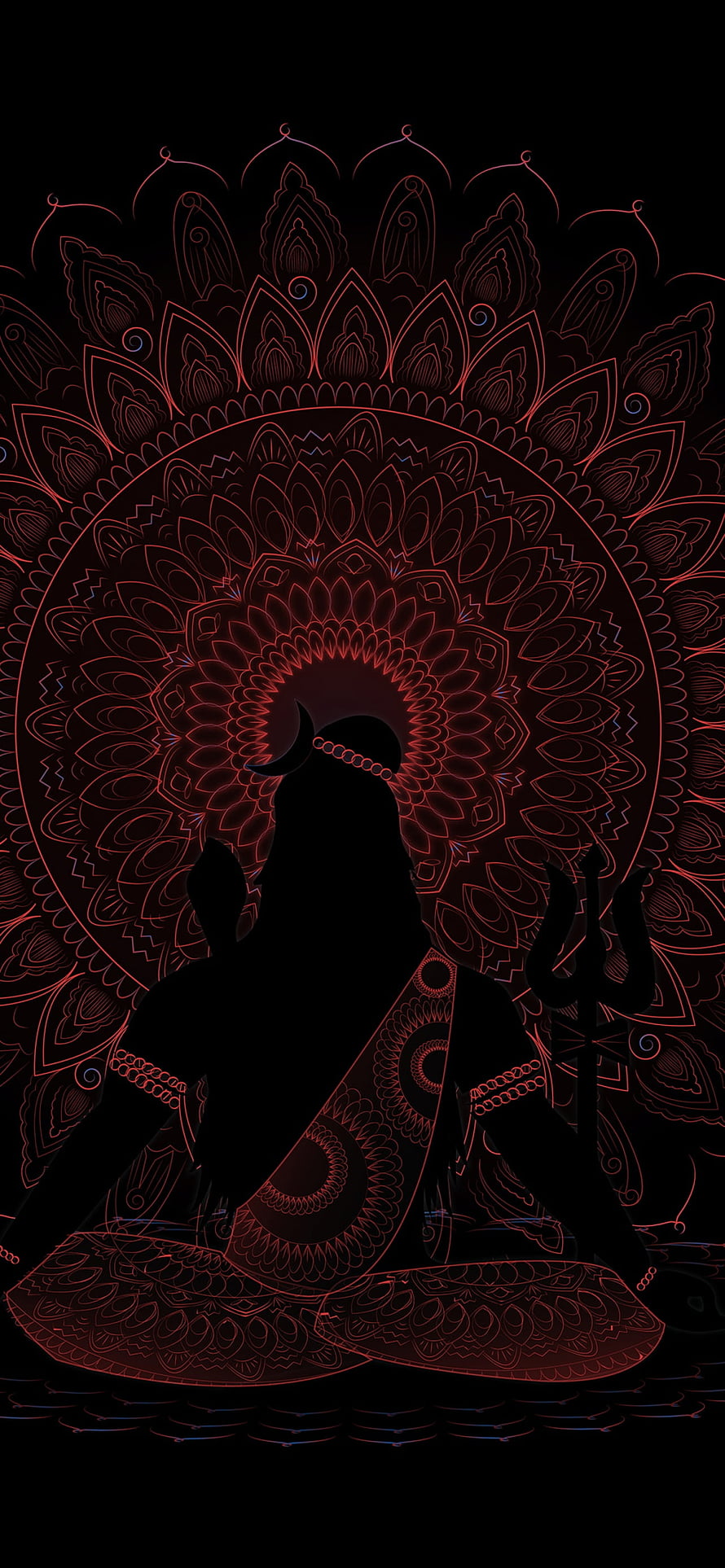 Lord Shiva Silhouette with Trishul and Mandala Halo on Black Background HD phone wallpaper
