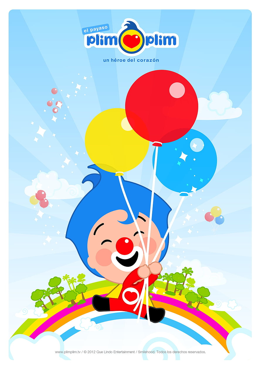 Plim Plim Cartoon Clown Floating on Rainbow with Colorful Balloons HD phone wallpaper
