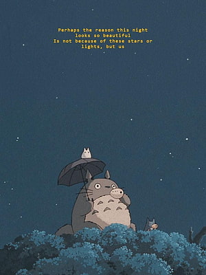 Totoro and Friends Under a Starry Night Sky with Umbrella HD phone wallpaper