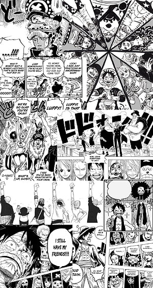 One Piece Manga Page: Luffy Reunites with the Straw Hat Crew in a Dynamic Black and White Comic Spread HD phone wallpaper