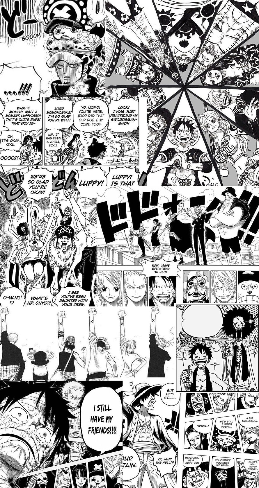 One Piece Manga Page: Luffy Reunites with the Straw Hat Crew in a Dynamic Black and White Comic Spread HD phone wallpaper
