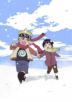 Young Naruto and Hinata Running Through Snow in Winter HD phone wallpaper