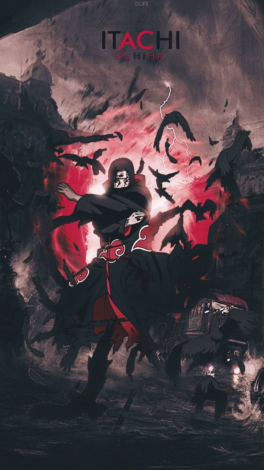 Itachi Uchiha in Akatsuki Robe Surrounded by Crows and Red Chakra Aura HD phone wallpaper