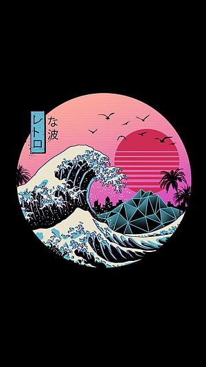 Retro Synthwave Japanese Wave Art with Geometric Pyramid and Neon Sunset HD phone wallpaper