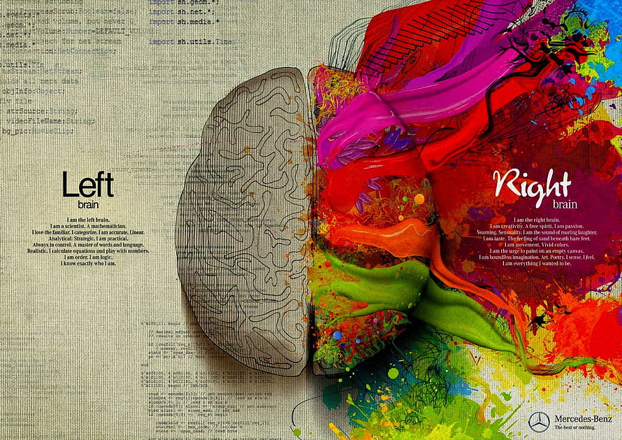 Left Brain vs Right Brain Concept Art with Colorful Abstract Paint Splashes HD wallpaper