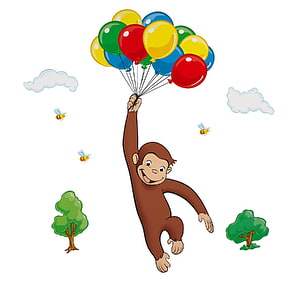 Curious George Floating in the Sky with Colorful Balloons and Bees HD phone wallpaper