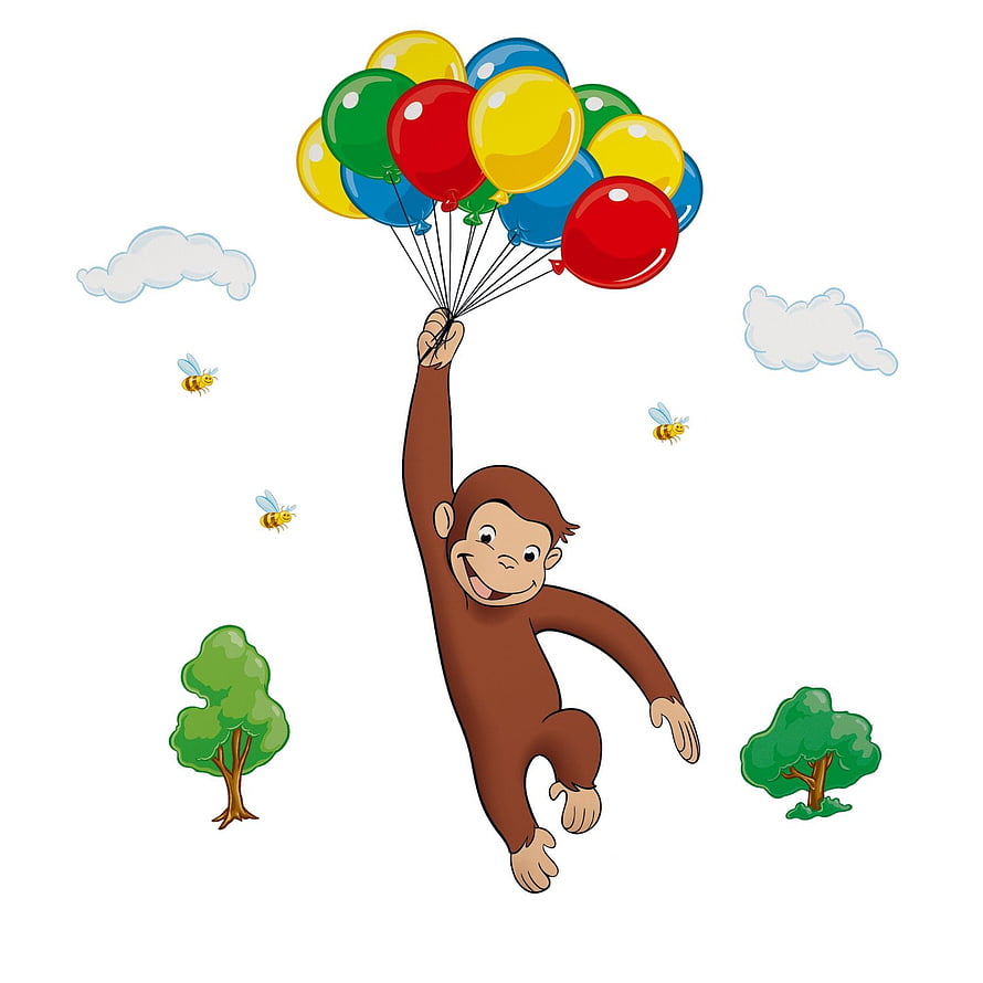 Curious George Floating in the Sky with Colorful Balloons and Bees HD phone wallpaper