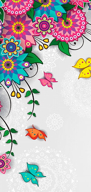 Colorful Floral and Butterfly Vector Illustration on Light Gray Background HD phone wallpaper