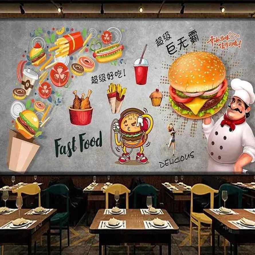 Fast Food Restaurant Wall Mural Featuring Cartoon Chef and Giant Burger Illustration HD phone wallpaper