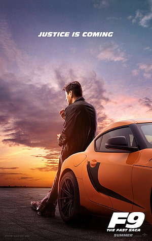 Han Lee Leaning Against Orange Supercar at Sunset in F9 The Fast Saga Movie Poster HD phone wallpaper