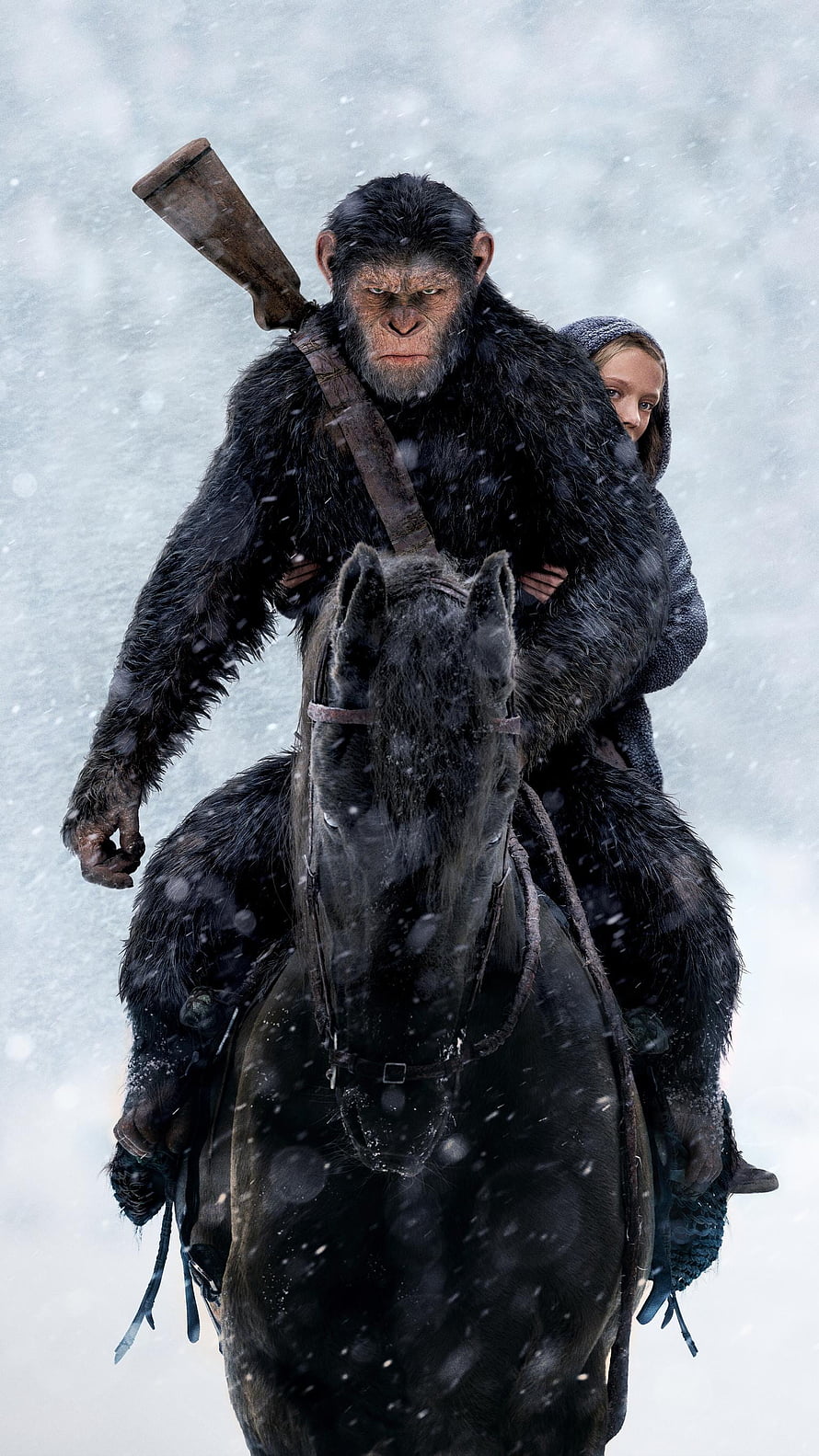 Caesar and Nova riding a black horse through a snowy landscape in War for the Planet of the Apes HD phone wallpaper