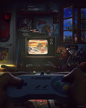 Nostalgic 90s Bedroom Gaming Scene With Retro Console And CRT Television HD phone wallpaper