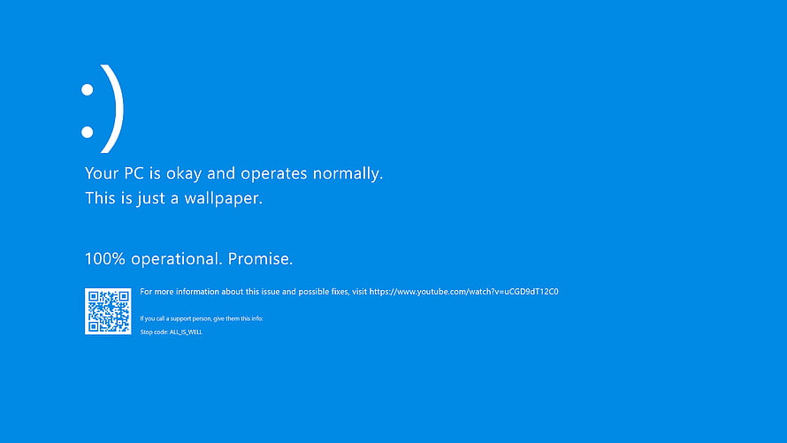 Humorous Windows Blue Screen of Death Parody with Smiley Face and Reassuring Text HD wallpaper