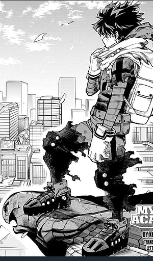 Izuku Midoriya in Black War Gear Standing Over Destroyed Cityscape in My Hero Academia Manga HD phone wallpaper