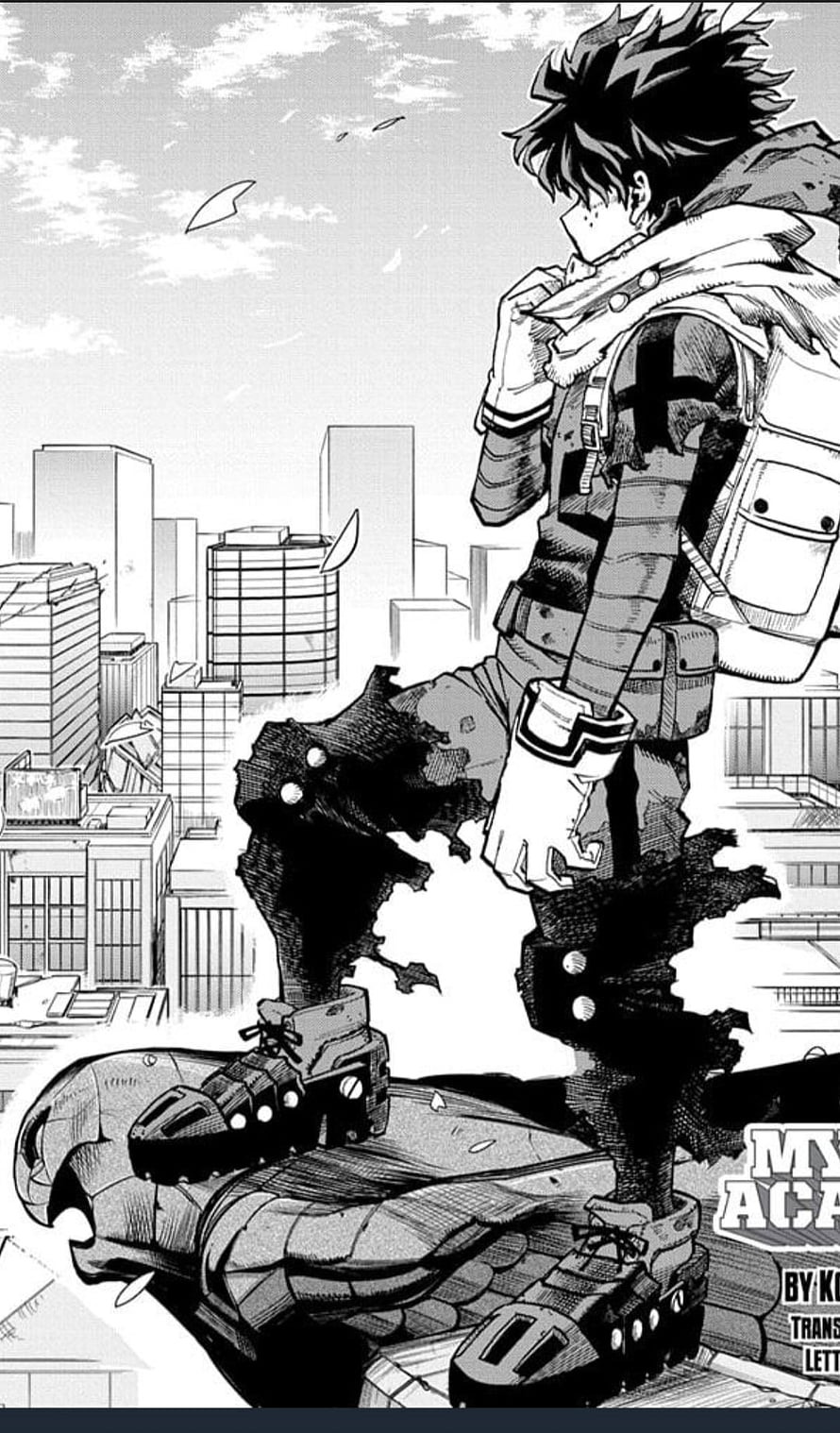 Izuku Midoriya in Black War Gear Standing Over Destroyed Cityscape in My Hero Academia Manga HD phone wallpaper